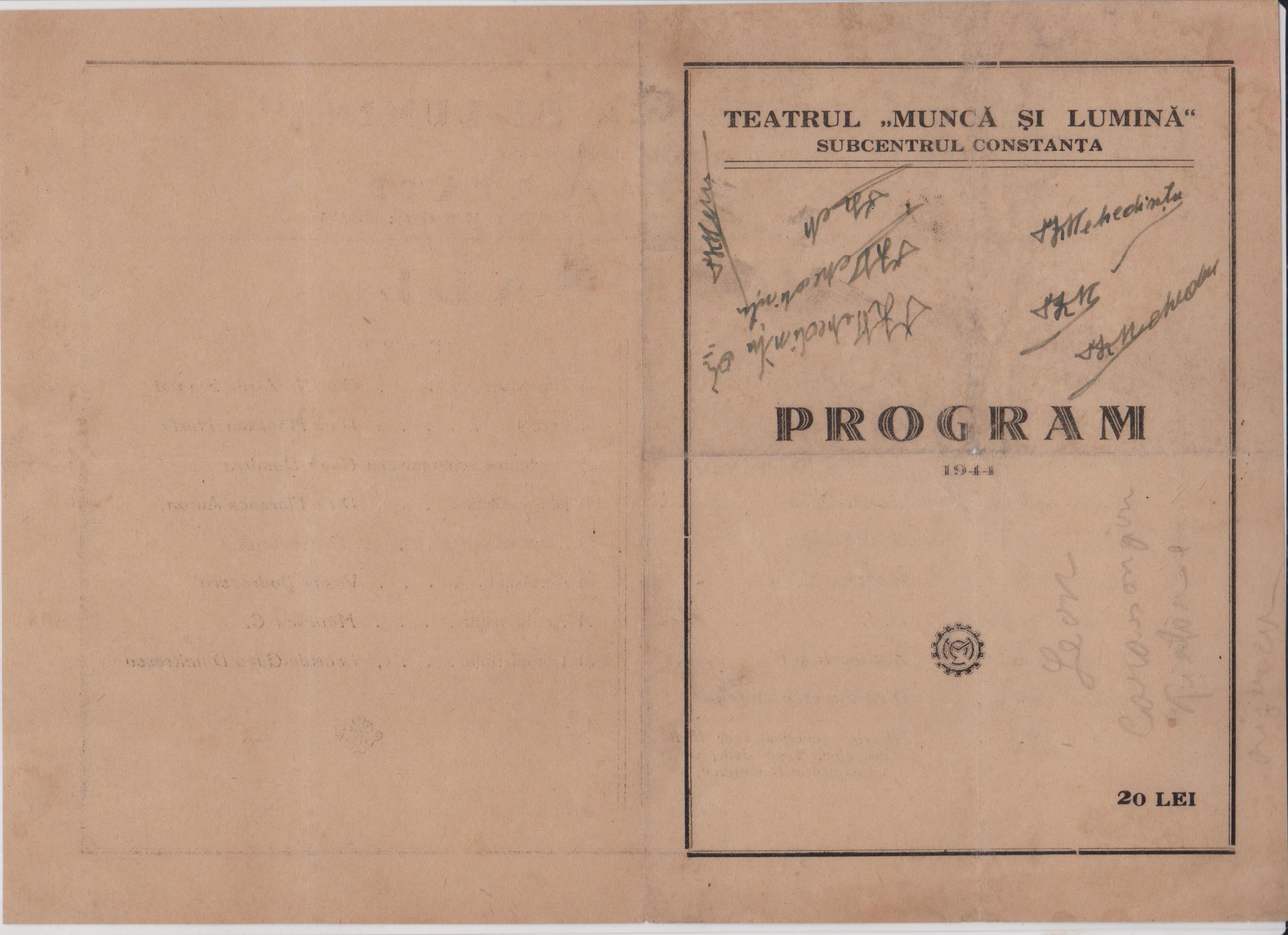 _0785 063 569, CONSTANTA – vand Program Musik-Hall, 100 RON, 1944