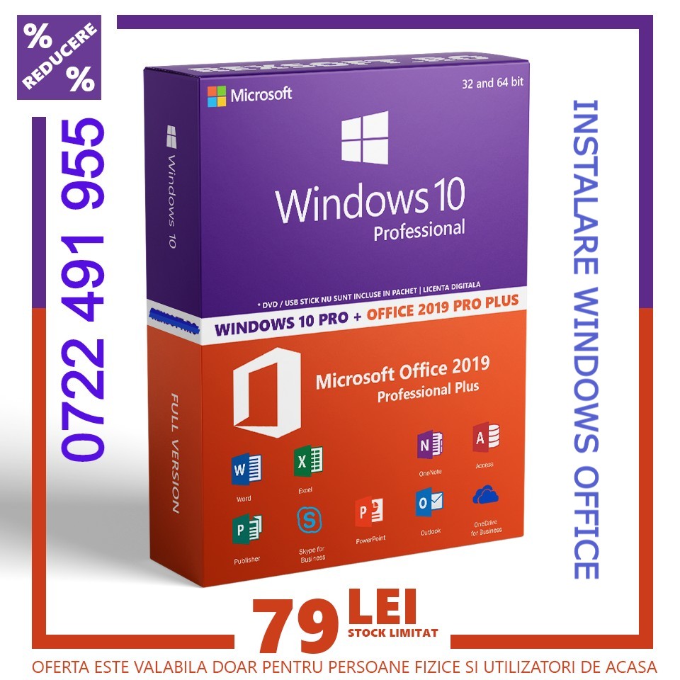 Instalez WINDOWS 10*11 cu Licenta si Office la domiciliul clientului , Tel. 0722 491 955