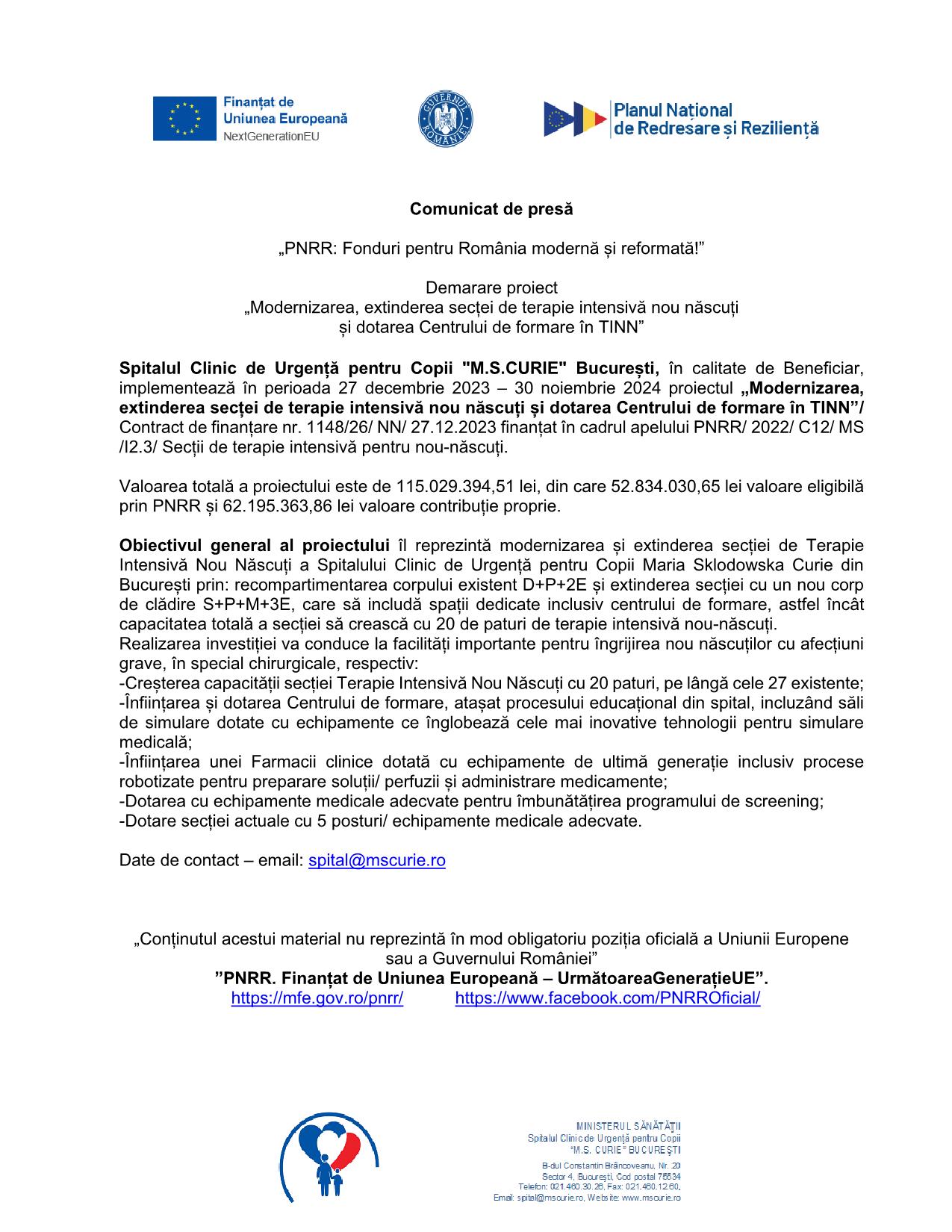 Demarare proiect „Modernizarea, extinderea secței de terapie intensivă nou născuți  și dotarea Centrului de formare în TINN”