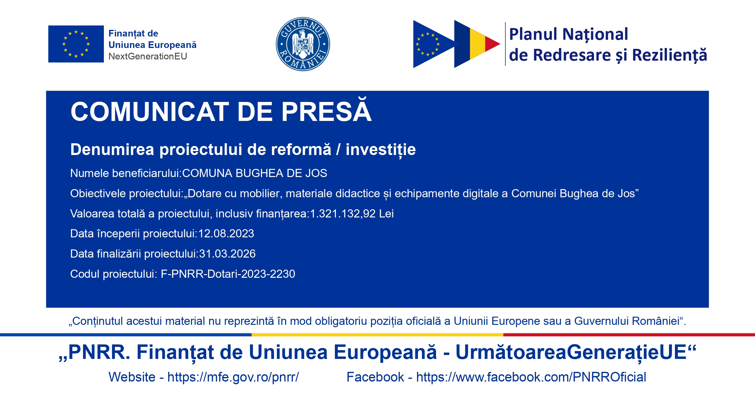 Comunicat de presa privind finalizarea proiectului COMUNA BUGHEA DE JOS